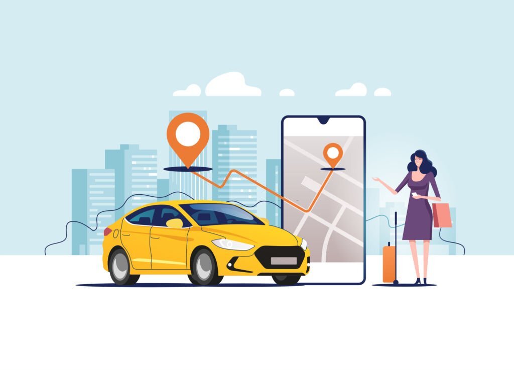Online ordering taxi car, rental and sharing using service mobile application. Woman near smartphone screen with route and points location on a city map on the car and urban landscape background. Vector illustration for mobile and web graphics.